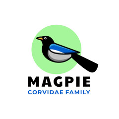 Magpie bird in white background ,Simple Mascot vector logo design