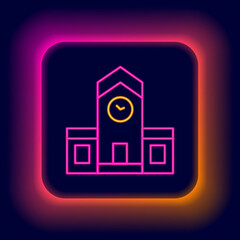 Glowing neon line Railway station icon isolated on black background. Colorful outline concept. Vector