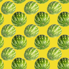 Ripe watermelons on a yellow background. Seamless pattern.