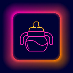 Glowing neon line Baby bottle icon isolated on black background. Feeding bottle icon. Milk bottle sign. Colorful outline concept. Vector