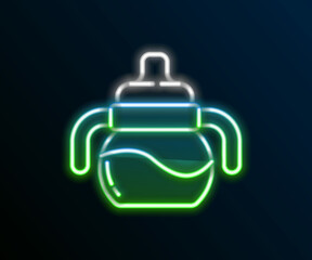 Glowing neon line Baby bottle icon isolated on black background. Feeding bottle icon. Milk bottle sign. Colorful outline concept. Vector