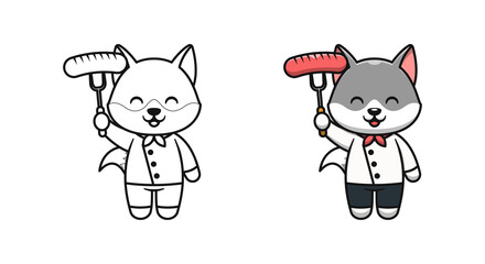 cute wolf chef brings sausage cartoon coloring pages for kids