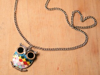 Metal Pendant in the form of an Owl on a Chain on a Wooden Background.
