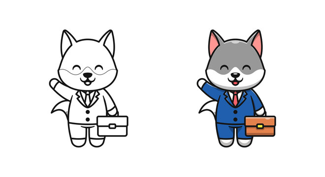 cute wolf businessman cartoon coloring pages for kids