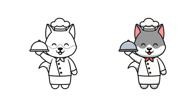 Cute wolf chef cartoon coloring pages for kids