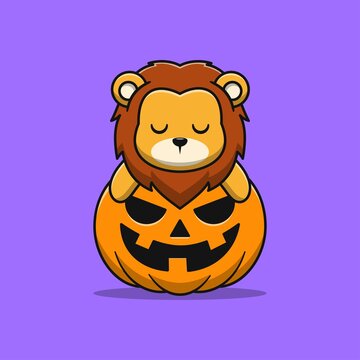 cute lion with pumpkin cartoon illustration