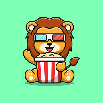 cute lion eating popcorn cartoon illustration