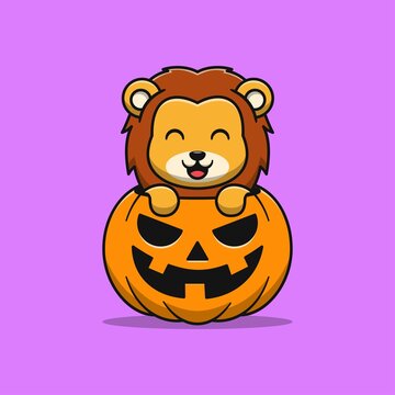 cute lion with pumpkin cartoon illustration
