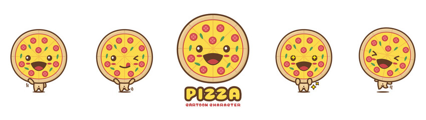 cute pizza mascot, food cartoon illustration, with different facial expressions and poses