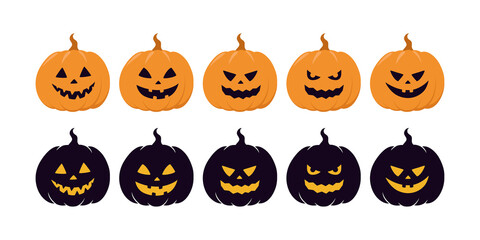 Halloween pumpkins. Orange and black pumpkin jack lantern. Scary faces set vector illustration isolated on white.