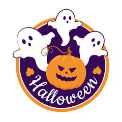 Halloween vector illustration. Orange pumpkin and ghosts. Isolated on white background.