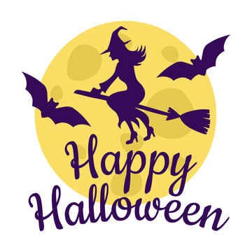 Happy halloween vector illustration. Witch on a broom with  bats. Isolated on white background.