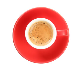 Cup of tasty coffee isolated on white, top view