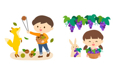 栗拾いとぶどう狩りをする可愛い子どもと動物