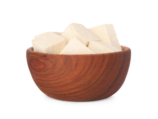 Wooden bowl with delicious tofu isolated on white