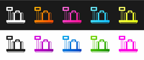 Set Scale with suitcase icon isolated on black and white background. Logistic and delivery. Weight of delivery package on a scale. Vector