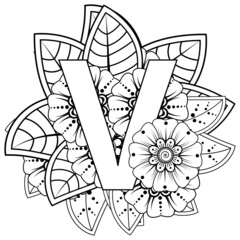 Letter V with Mehndi flower. decorative ornament in ethnic oriental style. coloring book page. 