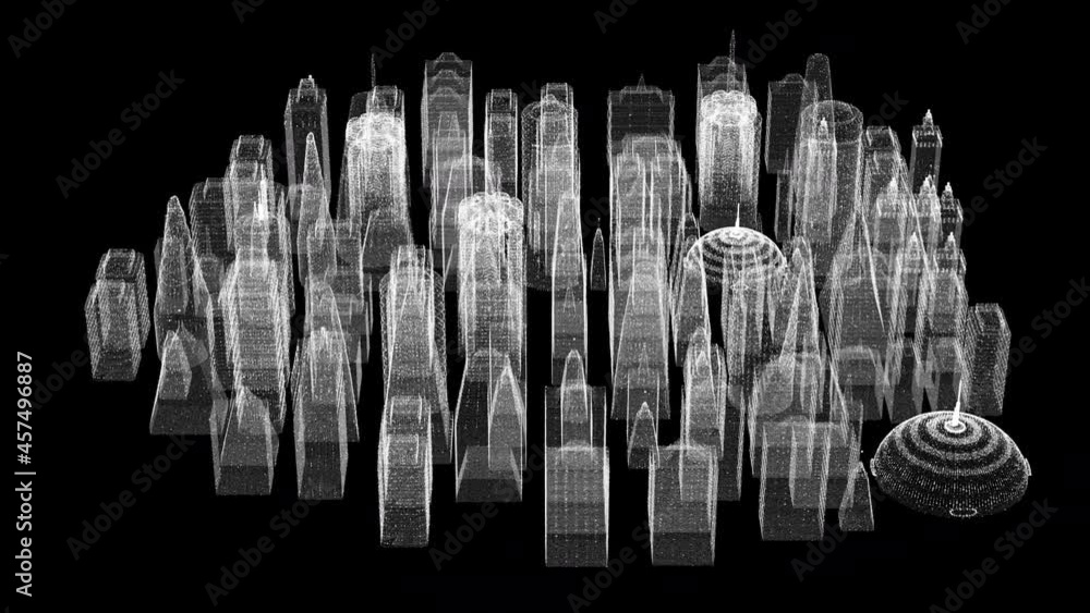 Aufkleber Futuristic 3d rendering of rotating holographic city digitally generated image virtual reality matrix particles simulation in cyber space background environment for head up display screen