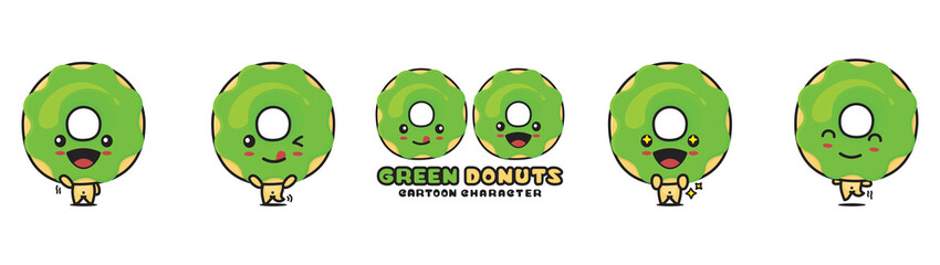 cute green donuts mascot, food cartoon illustration, with different facial expressions and poses