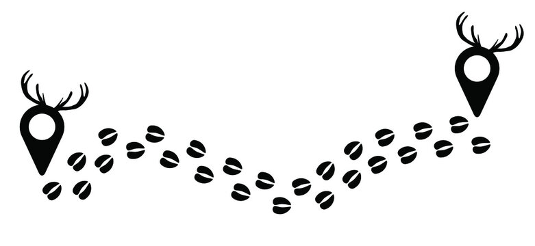 Walking, walk track route. Cartoon deer hooves, footprint icon. Animal footstep pictogram. Flat vector hoove silhouett. Set of animal paw. Deer foot print pattern. For christmas banner. Trace and trac