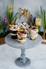 Set of beautiful delicious trifl close - up on the background. Dessert and sweets