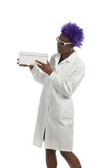 An African-American female scientist in a white lab coat is holding a white box