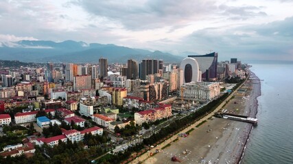 Aerial drone view of Batumi, Georgia at sunset