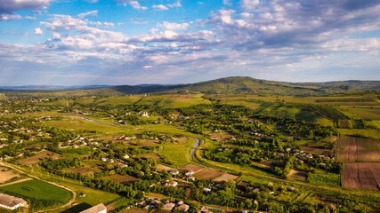 Fototapeta na wymiar Aerial drone view of a village in Moldova at sunset