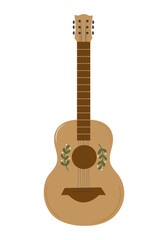 Naklejka premium Hand drawn vintage wooden acoustic guitar with flower decoration. Country musical instrument isolated on white. Vector illustration