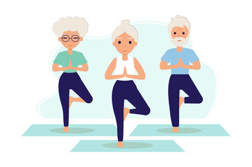 Elderly people do yoga, practice meditation. Yoga class. Older women and men exercise to maintain an active healthy lifestyle. Yoga practice. Vector illustration in flat style for fitness concept.