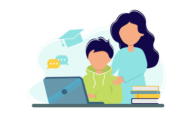 Online education during the coronavirus outbreak concept. The boy is studying on a laptop with his mother. The family stays at home. Illustration in a flat style. Self-isolation.