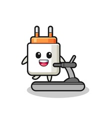 power adapter cartoon character walking on the treadmill