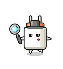 power adapter cartoon character searching with a magnifying glass