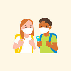 Fototapeta premium Students vector with mask on in the new normal character flat graphic