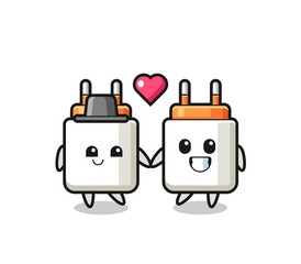 power adapter cartoon character couple with fall in love gesture
