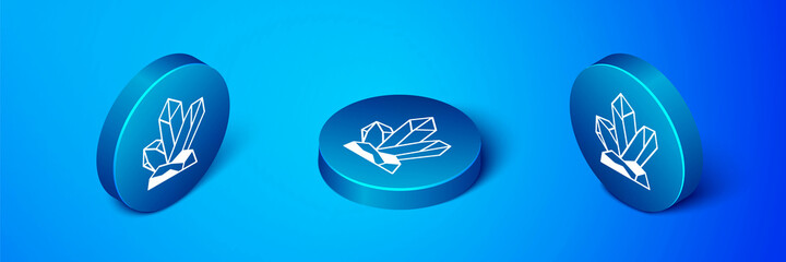 Isometric Magic stone icon isolated on blue background. Fantasy crystal. Jewelry gem for game. Blue circle button. Vector