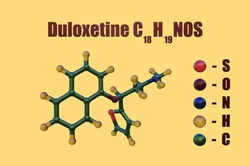 Structural chemical formula and molecular model of duloxetine, an antidepressant medicine used to treat depression, anxiety and nerve pain. 3d illustration