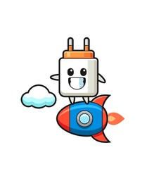 Naklejka premium power adapter mascot character riding a rocket
