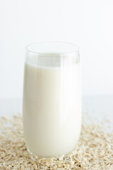 Close up of glass of oat milk surrounded by oats on white background