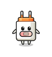 Cartoon Illustration of power adapter with tape on mouth