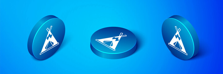 Isometric Traditional indian teepee or wigwam icon isolated on blue background. Indian tent. Blue circle button. Vector © Kostiantyn