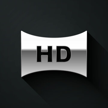 Silver Hd movie, tape, frame icon isolated on black background. Long shadow style. Vector