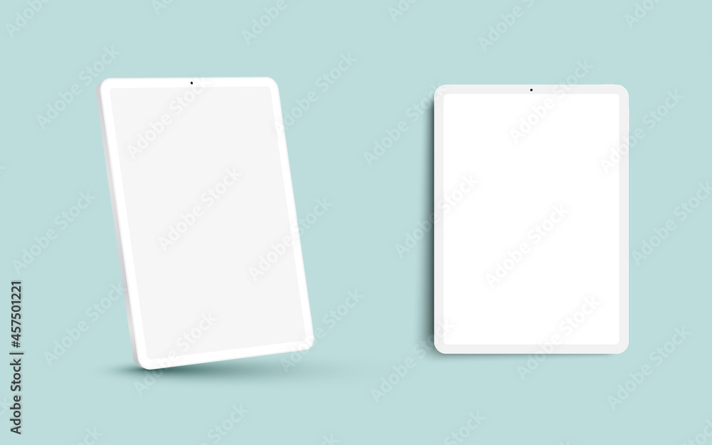 Poster white 3d realistic tablet pc mockup frame with different angles blank screen.