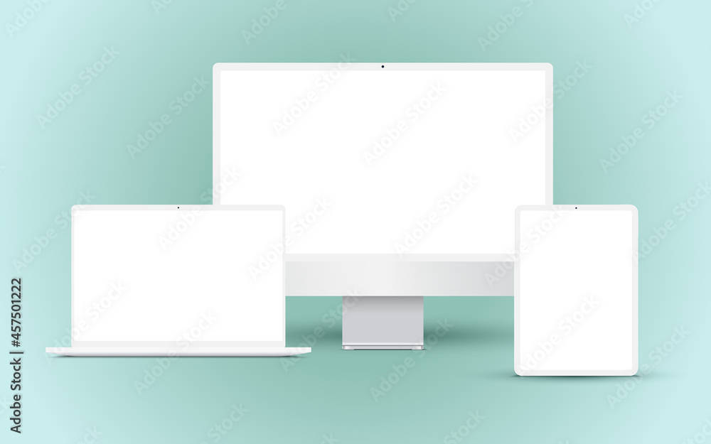 Aufkleber realistic clean white device mockup set with blank screen. tablet pc , desktop computer and notebook