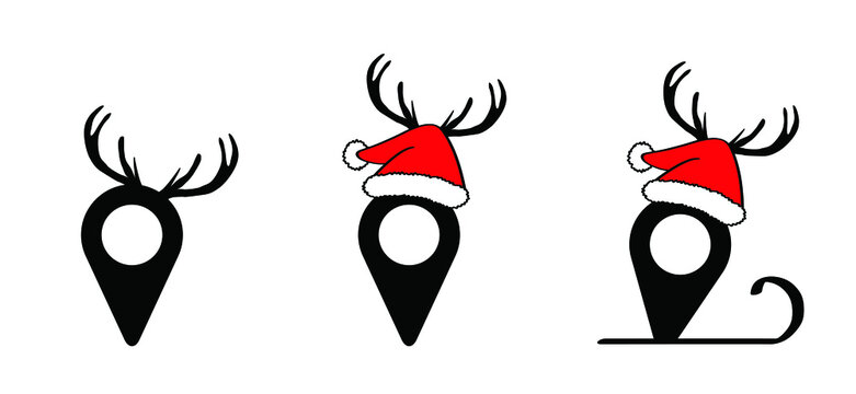 Pin point icon, ocation pointer symbol. Trace and trackroute. Cartoon deer icon. Animal deer pictogram. Flat vector hoove silhouett. For christmas banner. Deer antlers sign.