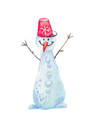 Snowman with a bucket on his head watercolor winter illustration. Winter character.