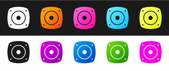 Set Stereo speaker icon isolated on black and white background. Sound system speakers. Music icon. Musical column speaker bass equipment. Vector
