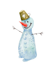 Snowman with a bucket on his head watercolor winter illustration. Winter character.