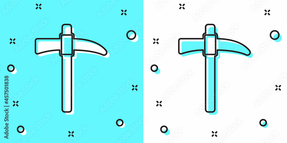 Poster black line pickaxe icon isolated on green and white background. random dynamic shapes. vector