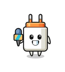 Character mascot of power adapter as a news reporter